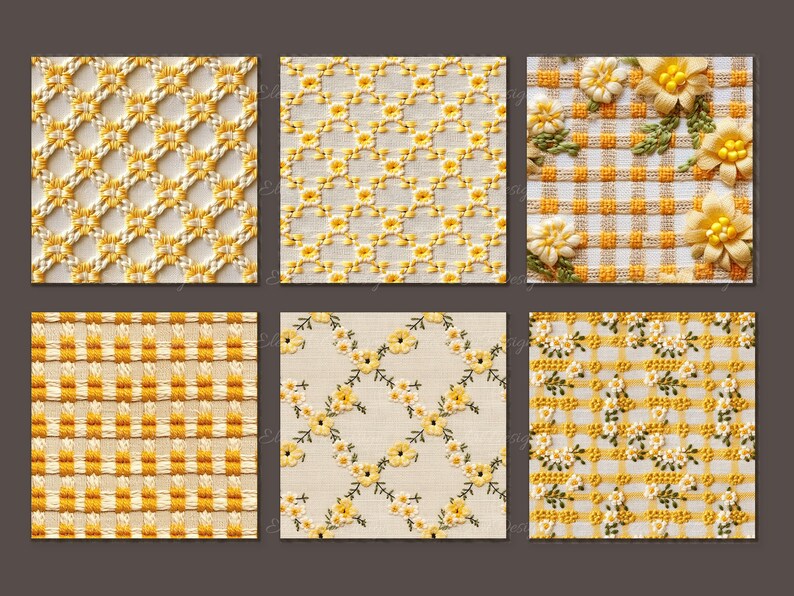 May include: Six different yellow and white embroidered fabric swatches. The swatches feature various patterns including a grid, a floral design, and a checkered pattern.