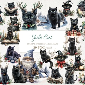 Pacote de clipart de aquarela de gato preto Yule. Fantasia mágica wicca wiccan. Ilustração de IA. Uso comercial. Diário de sucata de scrapbook. 29 PNG
