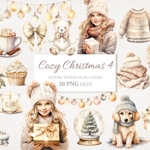Cosy White Weihnachten Winter Aquarell Clipart PNG Bundle. AI Illustration. Sofortiger Download für kommerzielle Nutzung. Junk Journal. Scrapbooking.