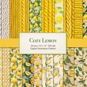 Modèle sans couture de citron confortable. Papier numérique texturé brodé, feutré et tricoté. Utilisation commerciale. Journal de scrapbooking pour scrapbooking. PAQUET DE 24