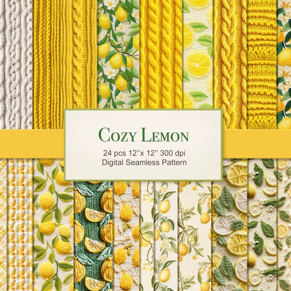 Cozy Lemon Seamless Pattern. Knitted Felted Embroidered Texture Digital Paper. Commercial Use. Crafting Scrapbook Junk Journal. 24 PACK