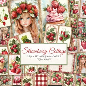 Strawberry Fruit Country Cottagecore Junk Journal à imprimer, double page. Téléchargement numérique. 26 PAQUET