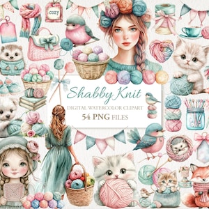 Shabby Knit Cozy Knitting Wool Watercolor Clipart Bundle. Commercial Use. Scrapbook Junk Journal Ephemera Cards. 54 PNG