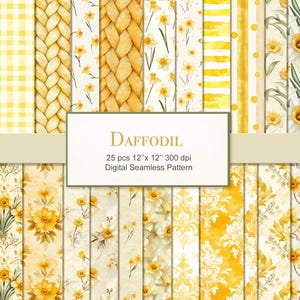 Påsklilja Gula Blommor Akvarell Blommigt Sömlöst Mönster. Digitalt Hantverkspapper Bundle. Kommersiellt Användning. Hantverk Decoupage Journal. 25-PACK
