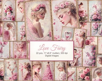 Love Pink Fairy Junk Journal. Valentine's Day Printable Double Pages. Digital Download. 22 PACK