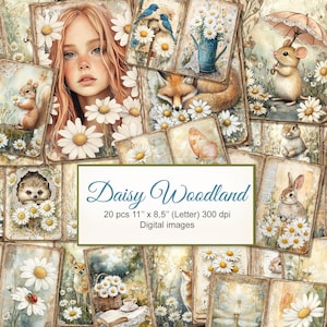 Daisy Flower Woodland Cottagecore Floral Junk Journal imprimable double pages. Téléchargement numérique. Illustration de l'IA. 20 PAQUET