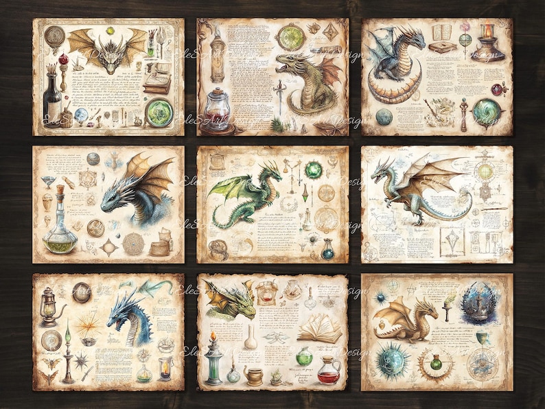 May include: Set of 9 vintage-style illustrations featuring dragons and magical elements. Each illustration is framed with a parchment-like border and includes intricate details like potions, scrolls, and glowing orbs.