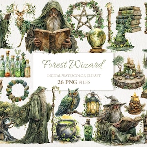 Forest Wizard magische aquarel clipart png bundel. Druïde magiër. AI-illustratie. Digitale download. Commercieel gebruik. Plakboek-junkjournaal