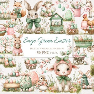 Salbei grün Ostern Aquarell Clipart Bundle. Hase, Hase, Ei. KI Illustration. Kommerzielle Nutzung. Sammelalbum Junk Journal Karten. 50 PNG