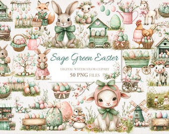 May include: Sage Green Easter digital watercolor clipart set featuring 50 PNG files. The set includes a variety of Easter-themed illustrations, including bunnies, chicks, lambs, eggs, and flowers. The illustrations are painted in a watercolor style and have a soft, pastel color palette.