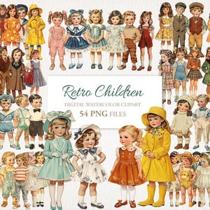1950er Jahre Kinder kleine Mädchen Jungen Clipart Papier Puppen Illustration, Junk Journal Ephemera, digitaler Download, 54 PNG