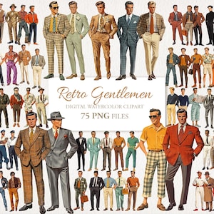 Retro mannen heren mensen vintage paper dolls clipartbundel, ongewenste tijdschrift efemere verschijnselen, digitale download. 75 png
