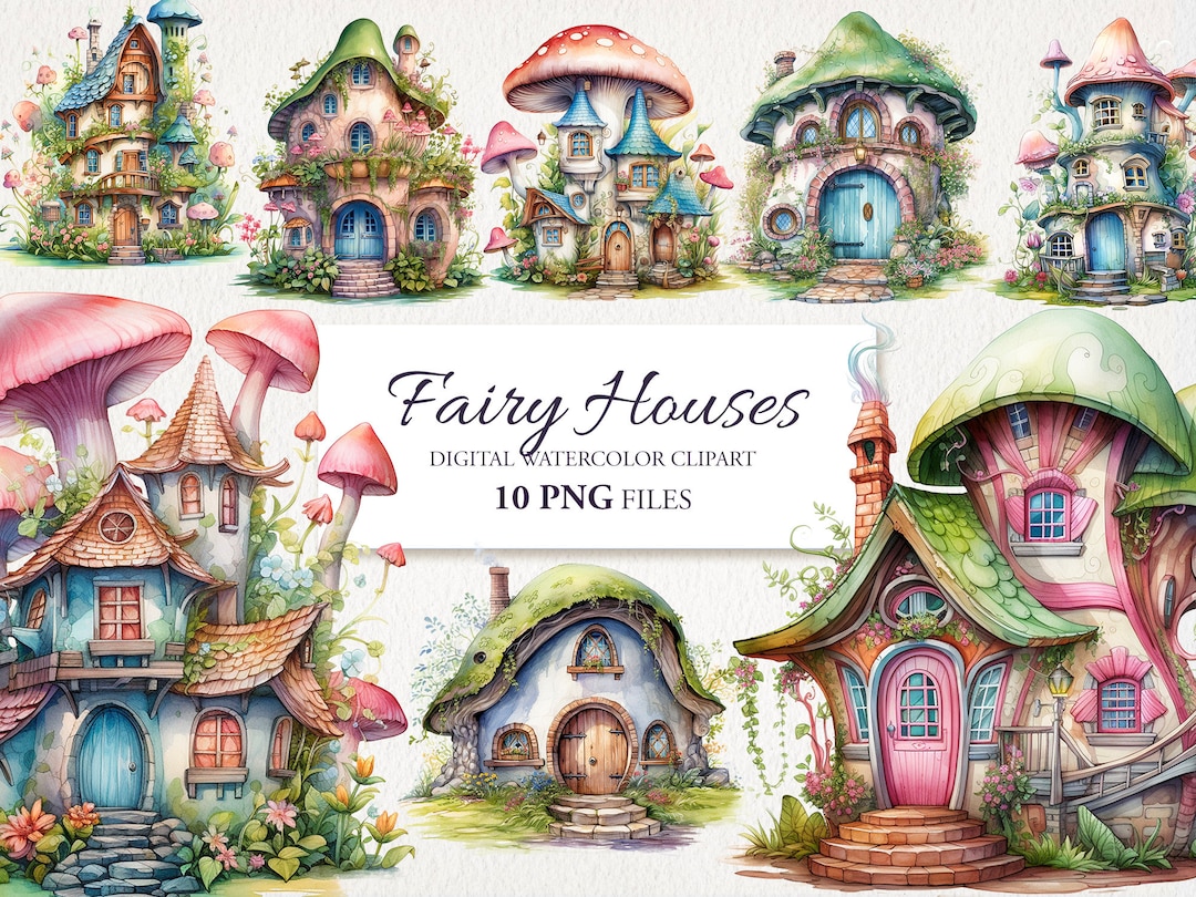 Fairy Houses Watercolor Clipart PNG Bundle. Pumpkin, Witch House ...