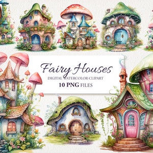 Fairy Houses Watercolor Clipart PNG Bundle. Pumpkin, Witch House, Fantasy Doors.  AI Illustration. Instant Download for Commercial Use.
