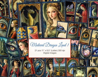 Cuaderno de recortes ambientado en la Tierra de los Dragones Medievales. Páginas dobles de fantasía. Descarga digital. Paquete de 21.