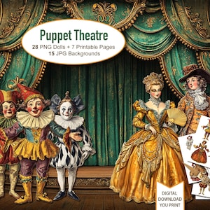 poupées en papier vintage, cirque de théâtre de marionnettes, coupes difficiles, téléchargement numérique éphémères du journal indésirable, 28 PNG, 7 feuilles avec des poupées, 15 arrière-plans