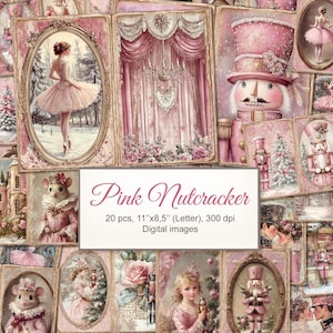 May include: A collage of pink digital images featuring ballet dancers, nutcrackers, and vintage illustrations. The images include a ballerina in a pink tutu, a nutcracker soldier, and a mouse in a pink dress. The text "Pink Nutcracker" is displayed.
