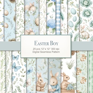 Può includere: Una collezione di 25 modelli digitali senza cuciture a tema Pasqua. I modelli presentano coniglietti, uova, farfalle ed elementi floreali in morbidi colori pastello. Il testo "Easter Boy" è visualizzato.