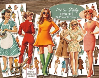 1960s Lady Woman Retro Vintage  Paper Dolls Fussy Cuts. Junk Journal Ephemera Planner.  Digital Download. 24 JPG Printable Sheets