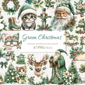 Paquete de imágenes prediseñadas de Navidad verde e invernal. Papá Noel, gatito, comida, marcos. Ilustración de IA. Uso comercial. Tarjetas de diario basura para álbumes de recortes. 47 PNG