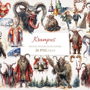 Krampus aquarel clipart png bundel. Monster folklore AI illustratie. Direct downloaden. Commercieel gebruik. Plakboek ongewenste dagboek. VERPAKKING VAN 26