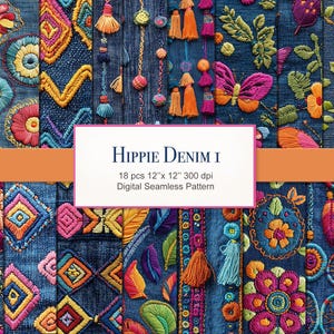 Hippie Boho Jeans Denim Seamless Pattern Paper Pages. Commercial Use. Crafting, Scrapbook, Fabric, Junk Journal. 18 PACK
