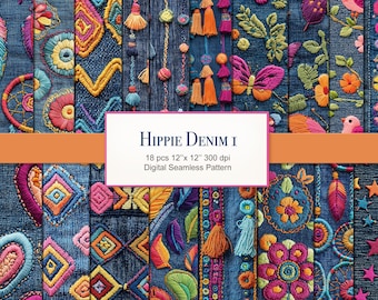 Hippie boho jeans denim naadloze patroon papier pagina's. Commercieel gebruik. Knutselen, plakboek, stof, rommeldagboek. VERPAKKING VAN 18
