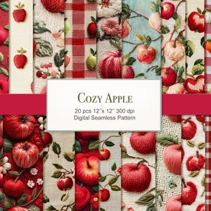 Mysigt äpple sömlöst mönster. Stickat, tovat, broderat, texturerat digitalt papperspaket. Kommersiellt bruk. Scrapbook-dagbok för hantverk. 20-pack.