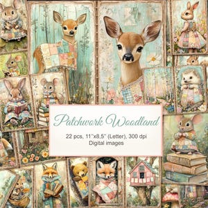Puede incluir: Un collage de ilustraciones en acuarela con animales del bosque, incluyendo ciervos, zorros, conejos y ratones, adornados con ropa de patchwork. La obra de arte tiene una estética vintage con una paleta de colores suaves. Se muestra el texto "Patchwork Woodland".
