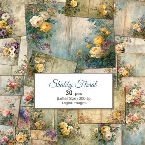 May include: A collection of 30 digital images featuring a shabby floral design. The images showcase watercolor-style floral arrangements in shades of yellow, pink, purple, and blue, set against a vintage, textured background. The text "Shabby Floral" is displayed.