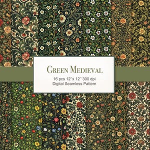 May include: Digital seamless patterns with a green medieval theme, featuring floral designs. The patterns include roses, daisies, and other flowers in red, yellow, and white. Each pattern is 30.48 cm by 30.48 cm.