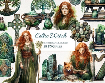 Celtic Ireland Witch Witchcraft Watercolor Clipart PNG Bundle AI Illustration. Instant Download for Commercial Use. Scrapbook Junk Journal