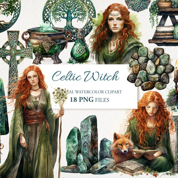 Celtic Ireland Witch Witchcraft Watercolor Clipart PNG Bundle AI Illustration. Instant Download for Commercial Use. Scrapbook Junk Journal