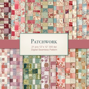 Patchwork Seamless Pattern Paper Pages. Commercial Use. Crafting, Scrapbook, Junk Journal. 21 PACK