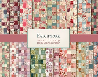 Patchwork Seamless Pattern Paper Pages. Commercial Use. Crafting, Scrapbook, Junk Journal. 21 PACK