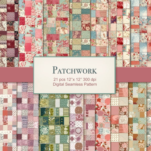 Patchwork Seamless Pattern Paper Pages. Commercial Use. Crafting, Scrapbook, Junk Journal. 21 PACK