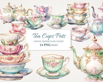 Tea Cup Pot. Vintage Teacup Teapot. Teatime. Watercolor Clipart PNG Bundle. AI Illustration. Instant Download for Commercial Use. Journal