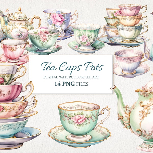 Tea Cup Pot. Vintage Teacup Teapot. Teatime. Watercolor Clipart PNG Bundle. AI Illustration. Instant Download for Commercial Use. Journal