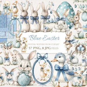 Peut inclure: Ensemble de cliparts numériques à l'aquarelle sur le thème de Pâques. L'image comprend des lapins, des canards, des œufs et des éléments floraux dans des tons de bleu et de blanc. Le texte "Blue Easter" est affiché en évidence.