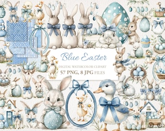 May include: A digital watercolour clipart set with an Easter theme. The image features bunnies, ducks, eggs, and floral elements in blue and white. The text "Blue Easter" is displayed prominently.