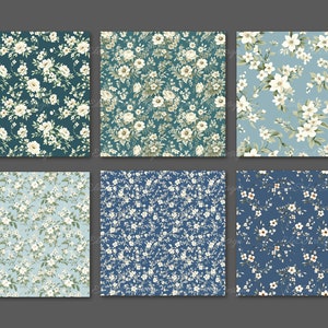 May include: A collection of six fabric swatches featuring floral patterns. Each swatch showcases a different color scheme, including navy, teal, and light blue backgrounds, all adorned with white and cream-colored flowers and green leaves. The floral designs vary in size and density.