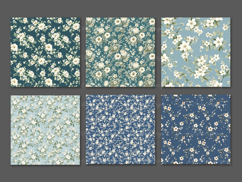 May include: A collection of six fabric swatches featuring floral patterns. Each swatch showcases a different color scheme, including navy, teal, and light blue backgrounds, all adorned with white and cream-colored flowers and green leaves. The floral designs vary in size and density.