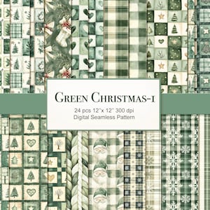 Green Cottagecore Natale Inverno Rustico Seamless Pattern. Bundle di carta da bricolage digitale. Uso commerciale. Confezione regalo, Junk Journal. CONFEZIONE DA 24