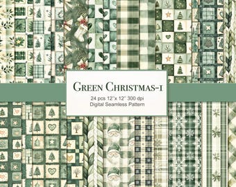 May include: A digital paper pack with 24 different seamless patterns featuring a green and white colour scheme. The patterns include various Christmas-themed designs such as snowflakes, plaid, trees, and hearts. The text "GREEN CHRISTMAS-I" and "24 pcs 12"x 12" 300 dpi Digital Seamless Pattern" is included in the image.