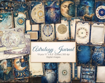 May include: A digital collage of 19 images featuring astrology themes. The images are in a blue and gold colour scheme and feature celestial bodies, stars, and constellations. The text "Astrology Journal" is included in the image.