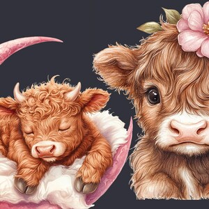 May include: Two Highland cattle, one sleeping in a pink crescent moon and the other with a pink flower crown, both with brown fur and closed eyes.