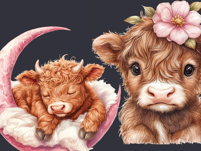 May include: Two Highland cattle, one sleeping in a pink crescent moon and the other with a pink flower crown, both with brown fur and closed eyes.