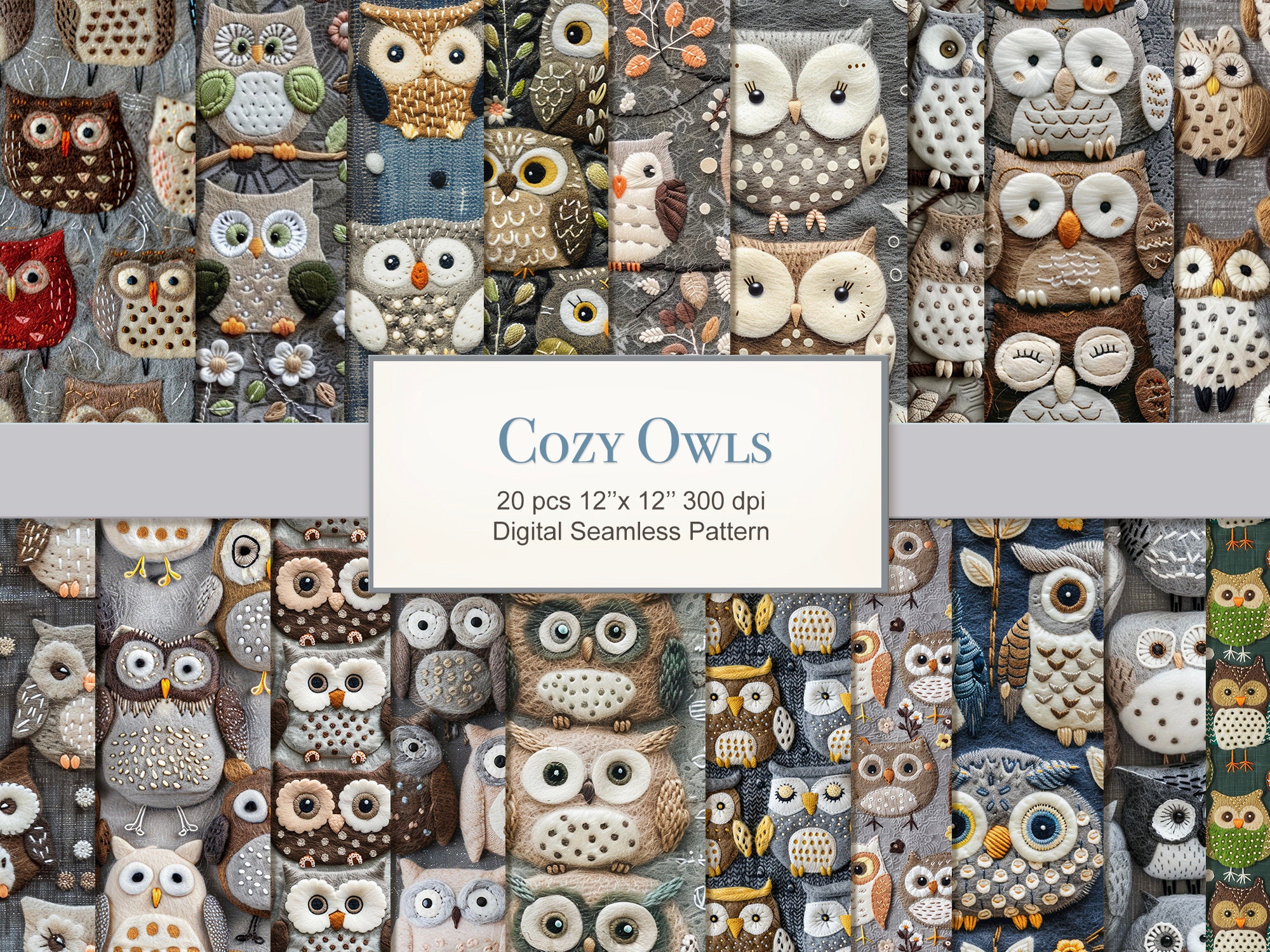 Cozy Owls Seamless Repeat Pattern. 3d Knitted Felted Texture Digital Paper Bundle. Commercial Use. S