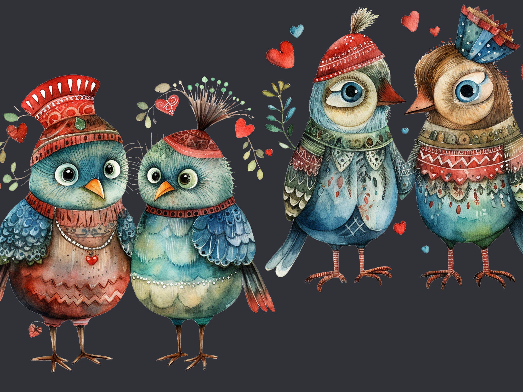 Birds in Love Valentine Cartoon Watercolor Clipart PNG Bundle. AI ...