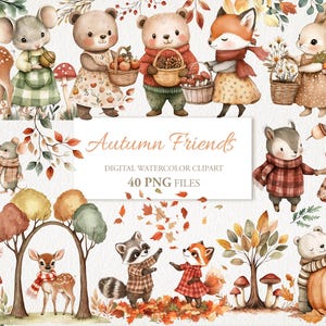 Ensemble de cliparts aquarelle pour chambre d'enfant, animaux de la forêt, amis d'automne. Illustration de l'IA. Utilisation commerciale. Cartes de journal de scrapbooking. 40 PNG + 11 PNG